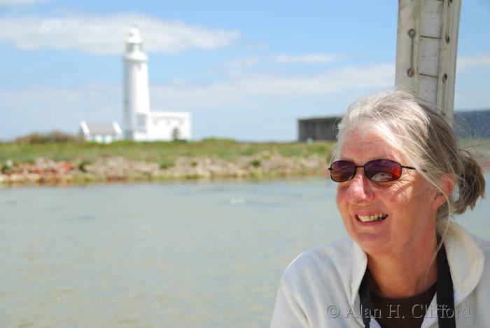 Margaret on the ferry from Hurst Castle to Keyhaven