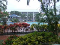 View from hotel room in the rain, Bay Gardens Inn