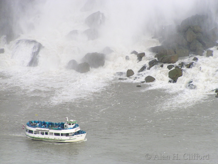 Boat and waterfall from the skylon tower, Niagara