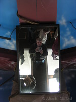 Alan in the mirror above the glass floor, CN tower, Toronto