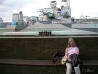Margaret is exhausted near HMS Belfast